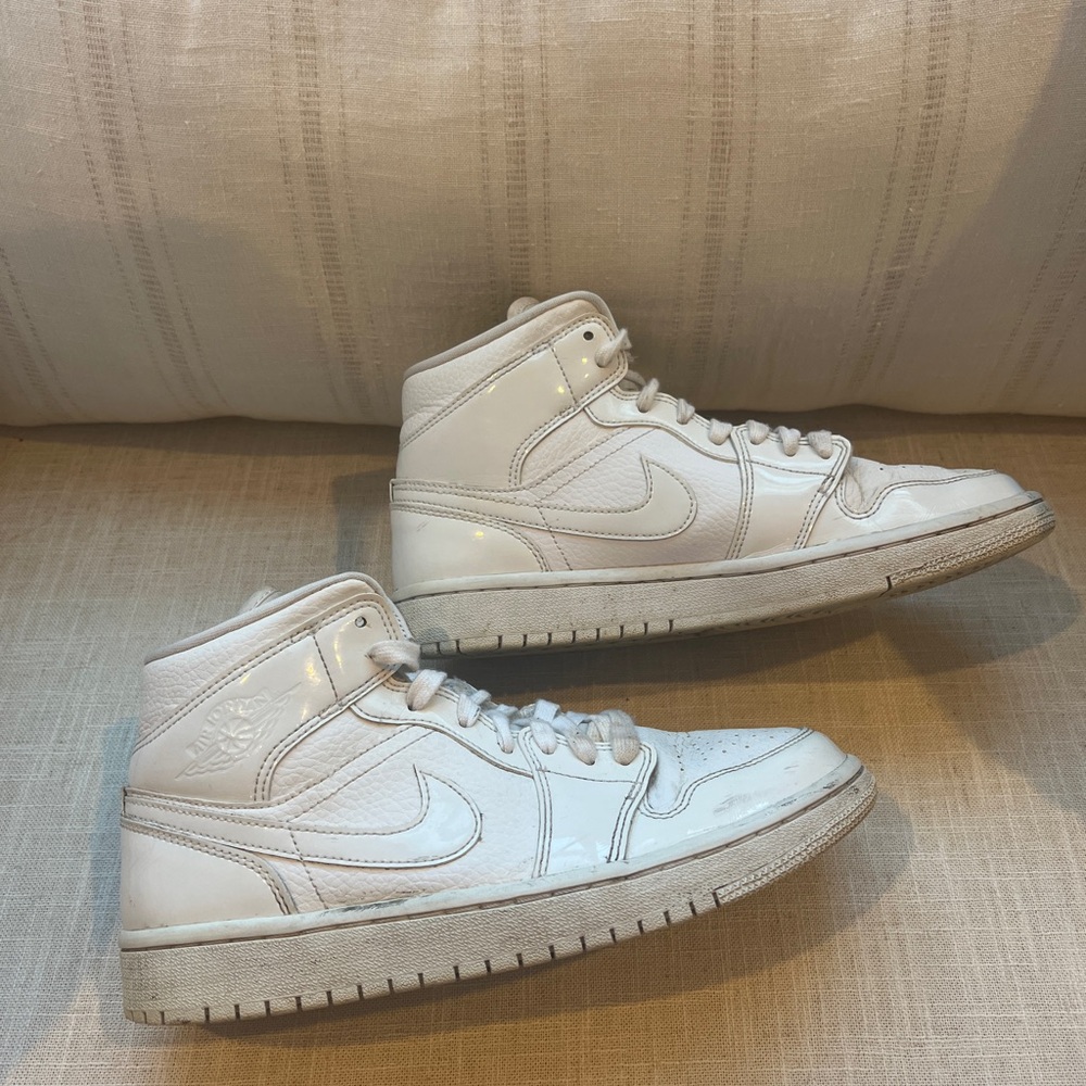 Nike Air Jordan 1 Mid Triple White Patent Swoosh Women’s
